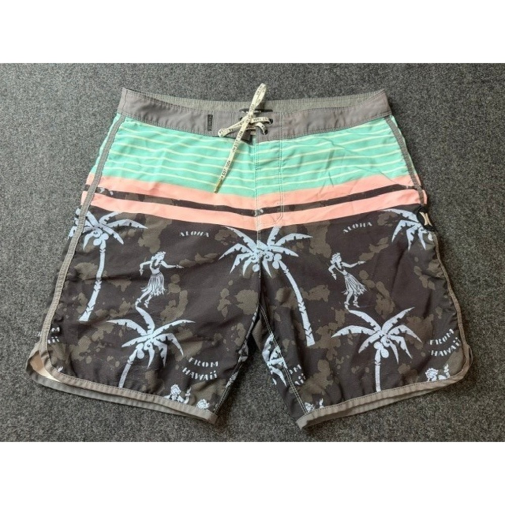 Hurley Mens Board Shorts Size 31 Aloha From Hawaii Palm Tree Swim Trunks Grey